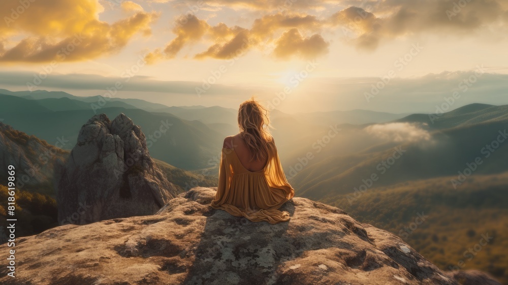 Solo traveler woman sitting on mountain peak while looking at mountain view with calm and peaceful scene. Adventure and wanderlust concept. Serene nature landscape for poster, and inspiration. AIG35.