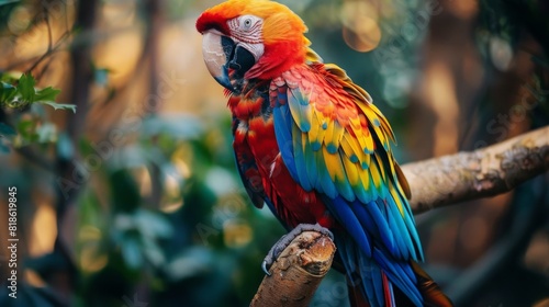 Close-up of a vibrant parrot perched on a branch, with its bright plumage and curved beak in sharp focus