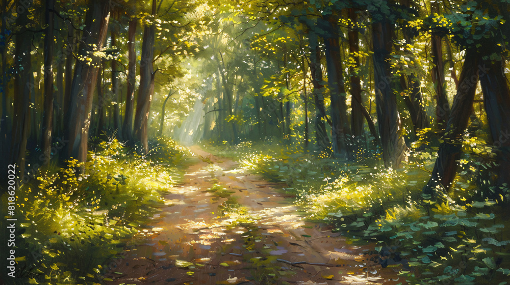 Obraz premium A quiet lake at dawn oil painting on canvas, with mist rising from the water and soft morning light