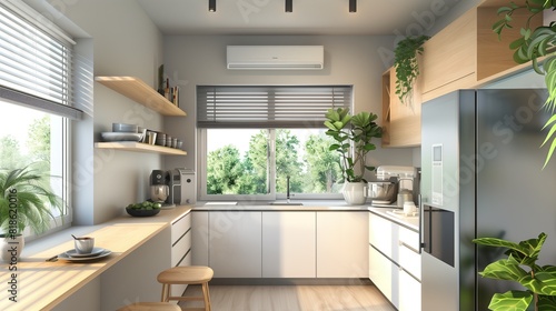 A modern residential kitchen with an air source heat pump installed discreetly beneath the window photo