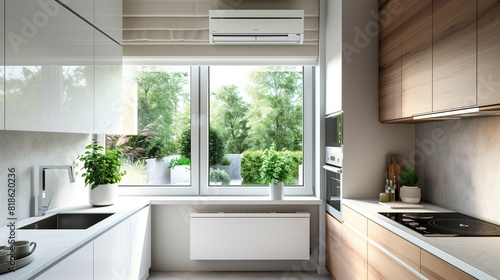 A modern residential kitchen with an air source heat pump installed discreetly beneath the window