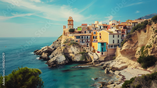A seaside town with colorful buildings