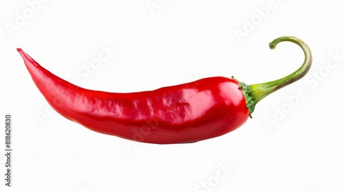 Single red chili pepper with green stem, isolated, crisp details, perfect for food ads, white background, studio lighting