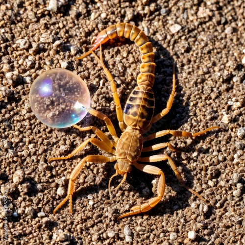 A black scorpion  perched menacingly on a rock in the desert curls its venomous tail ready to strike