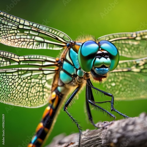 A close-up of a dragonfly with transparent wings perched on a green leaf