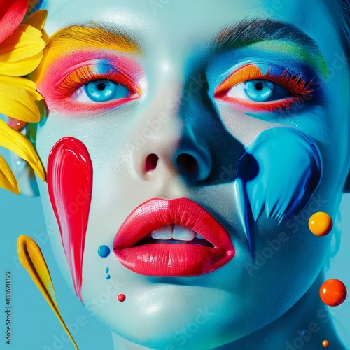Vibrant floating pop art makeup with beauty products