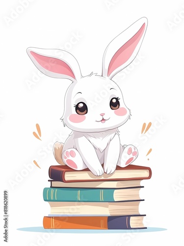 cute kawaii rabbit is sitting on a pile of books