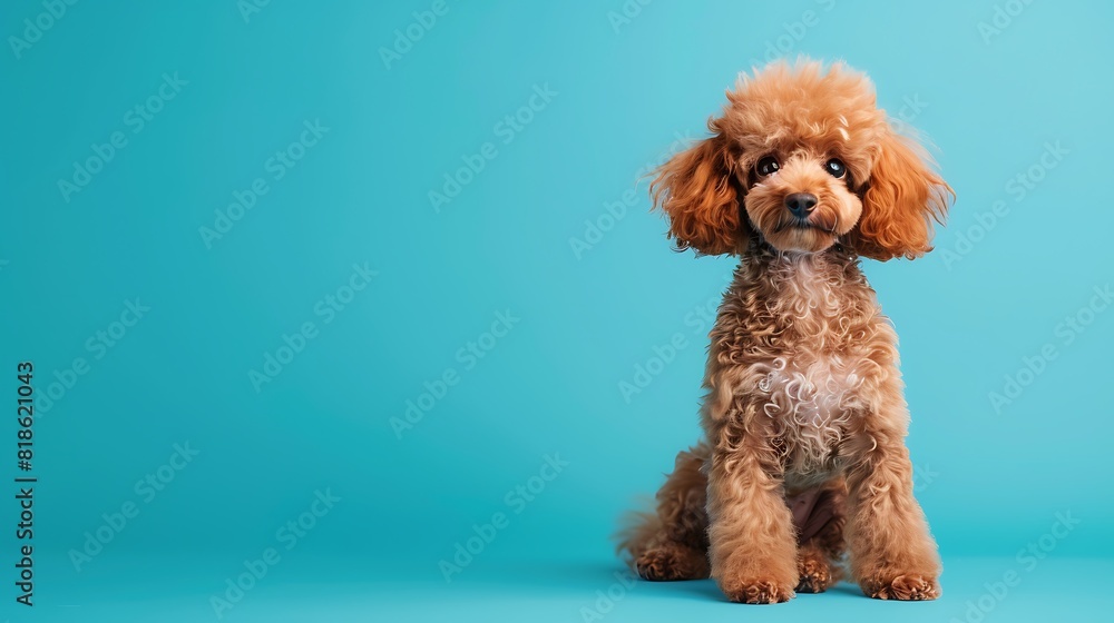 Apricot poodle puppy sits on a blue background with a beautiful hairstyle