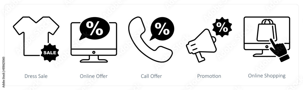 A set of 5 Shopping icons as dress sale, online offer, call offer A set of 5 Shopping icons as dress sale, online offer, call offer