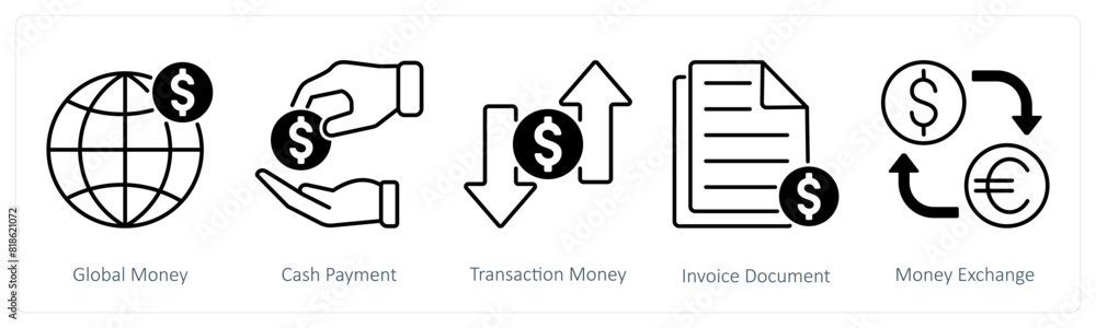 A set of 5 Shopping icons as global money, cash payment, transaction money A set of 5 Shopping icons as global money, cash payment, transaction money
