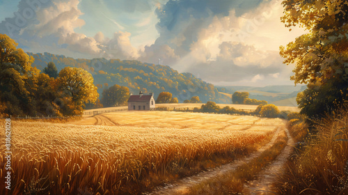 A rolling countryside scene in oil painting style on canvas, with golden fields and a distant farmhouse photo
