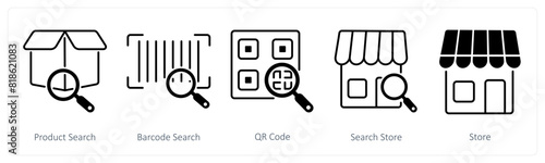 A set of 5 Shopping icons as product search, barcode search, qr code