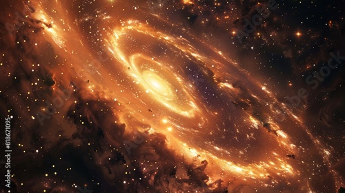 Vivid close-up of a spiral galaxy twinkling within an orange nebula, surrounded by countless stars in a deep starry sky, infinite cosmic beauty