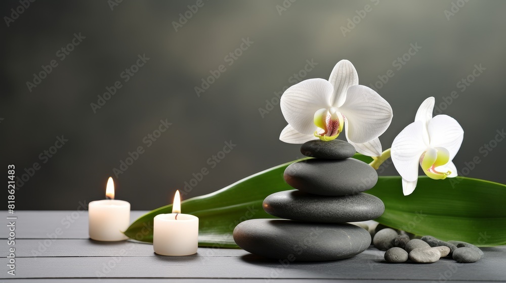 Obraz premium Zen stones, candles and white orchid flower on green and grey background