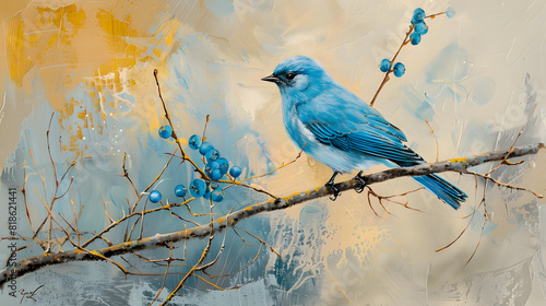 A watercolor painting of a bluebird perched on a branch. photo