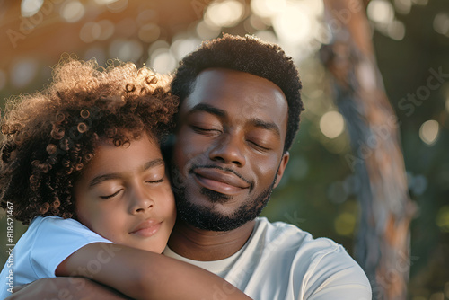 Happy African American father with closed eyes hugging curly son