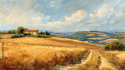 A rolling countryside scene in oil painting style on canvas, with golden fields and a distant farmhouse