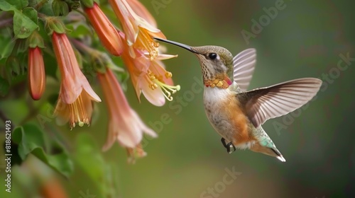 A tiny hummingbird feeding on nectar from a bright red flower, its wings a blur of motion as it hovers in mid-air.