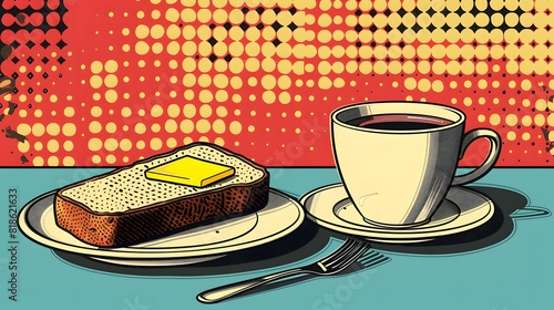 Pop art breakfast table with bread, butter, and a cup of coffee