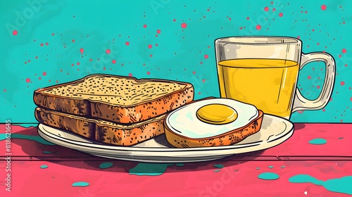 Pop Art Comic book style breakfast featuring bread and butter, bold outlines and vivid colors 
