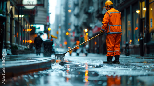 Urban Janitor Sweeping City Street 