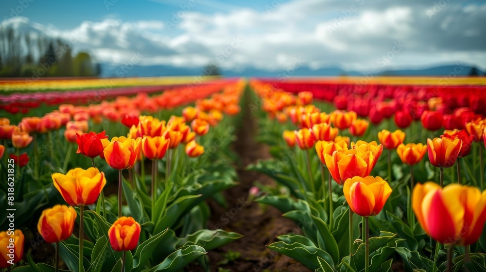 Field of red and yellow tulips under blue sky with clouds Field of red and yellow tulips under blue sky with clouds