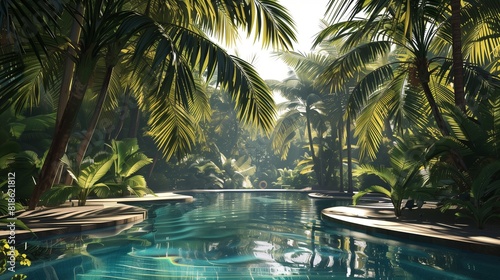 A canopy of palm trees provides shade over the pool, their fronds rustling gently in the breeze. photo
