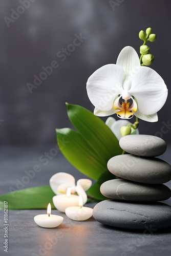  Zen stones, candles and white orchid flower on green and grey background