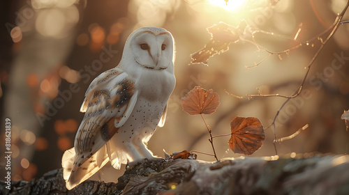 A snowy owl is perched on a branch photo