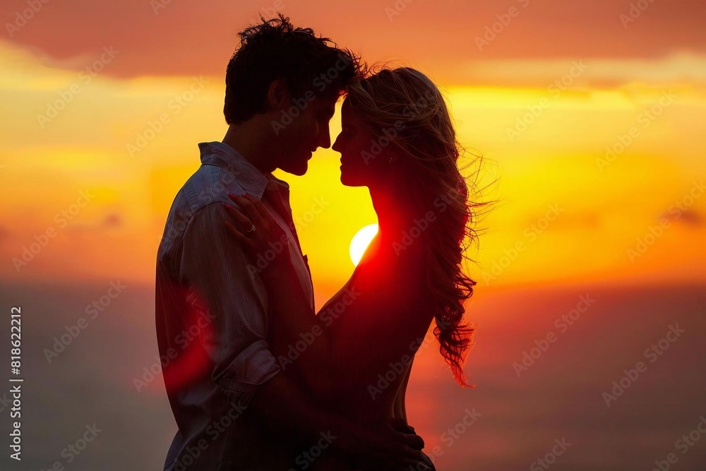 Young Caucasian Couple Embracing at Sunset in Silhouette