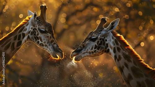  giraffes are standing on their hind legs in a river,  photo