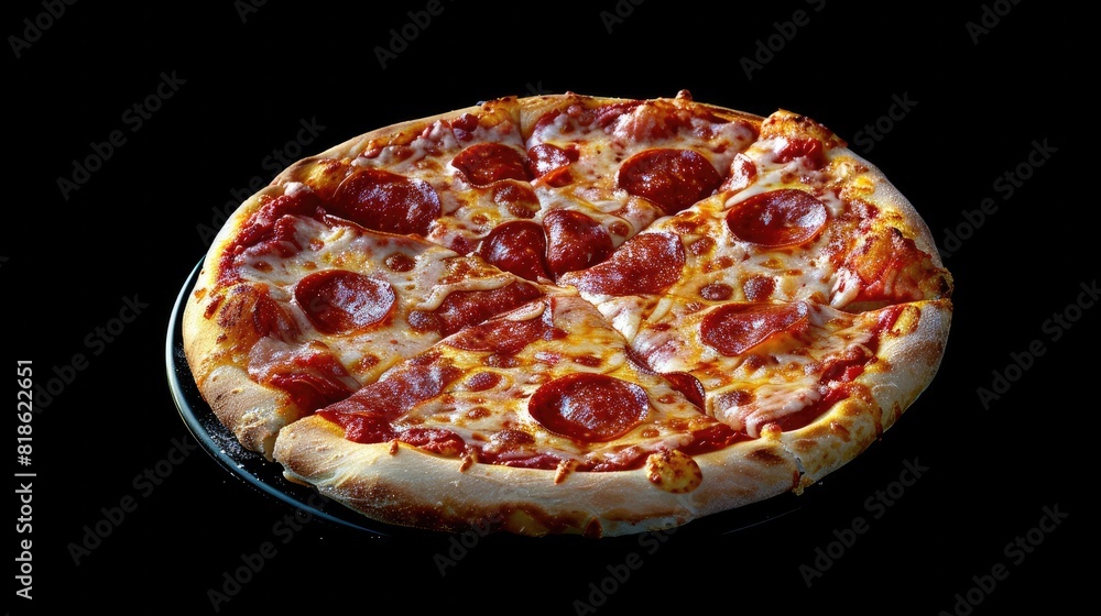 Round pizza with delicious toppings and seasonings. On isolated black background. Generative AI Round pizza with delicious toppings and seasonings. On isolated black background. Generative AI
