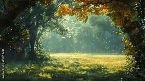 a painting of a grassy field with trees in the background