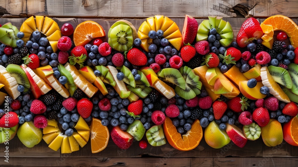 A colorful fruit salad arranged in an artistic pattern on a wooden table