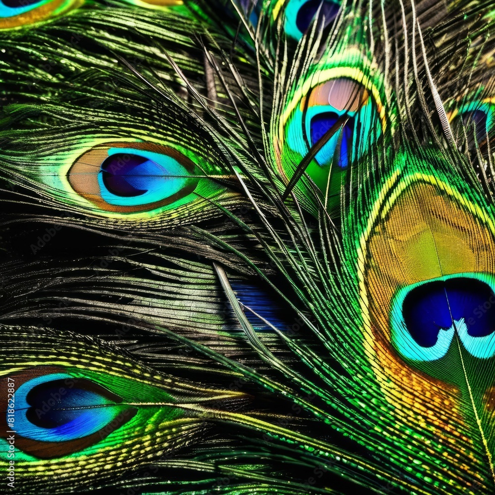 Fototapeta premium A close-up of a peacock feather showcases its vibrant blue and green eye-like patterns