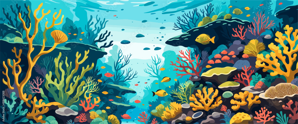 Underwater vector background, banner. Life at sea or ocean bottom. Exotic undersea world with coral reef, colorful fish, cute underwater creatures. Marine landscape, seascape.	