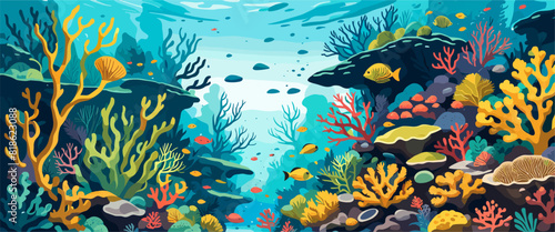 Underwater vector background, banner. Life at sea or ocean bottom. Exotic undersea world with coral reef, colorful fish, cute underwater creatures. Marine landscape, seascape.  © Creative_Juice_Art