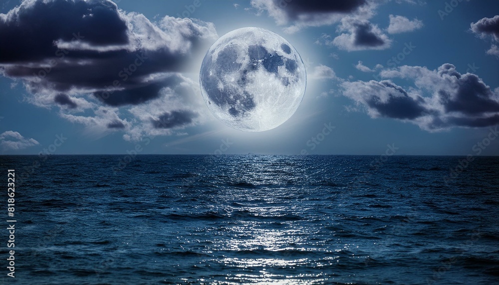 Moonlight Shimmer on Endless Tides Nocturnal Serenity, Clouds Adrift AIG50: Tranquil Ocean's Ethereal Glow,moon, sky, sea, water, full, blue, clouds, moonlight, ocean