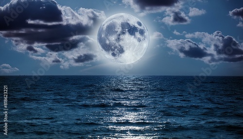 Moonlight Shimmer on Endless Tides Nocturnal Serenity, Clouds Adrift AIG50: Tranquil Ocean's Ethereal Glow,moon, sky, sea, water, full, blue, clouds, moonlight, ocean