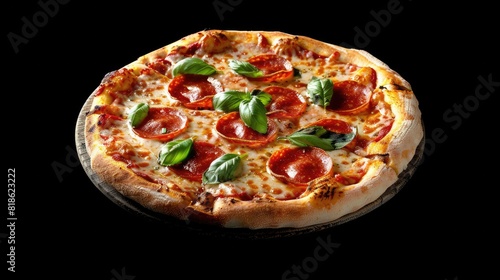 Round pizza with delicious toppings and seasonings. On isolated black background. Generative AI