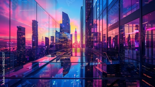 A wide-angle view of a futuristic cityscape at dusk photo