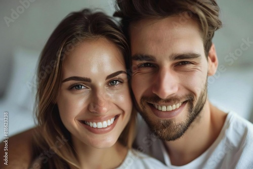 Young Caucasian couple smiling confidently after successful dental procedure