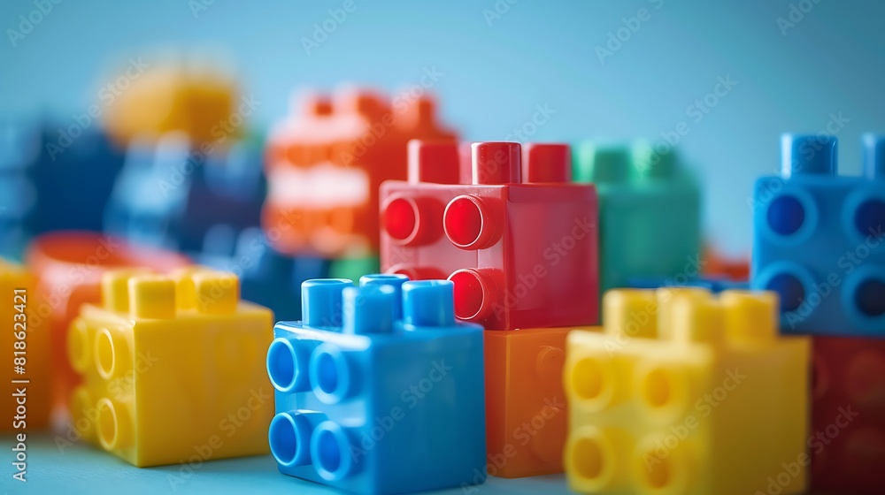 Naklejka premium Close up of colorful plastic building block on blue background