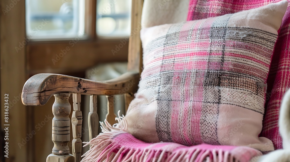 Close up of cozy wooden chair with pillow and pink plaid Close up of cozy wooden chair with pillow and pink plaid