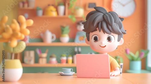 3D Cute entrepreneur working on a laptop at a cozy coffee shop, with a cheerful expression. Fun and engaging business scene, pastel colors, chibi aesthetics.