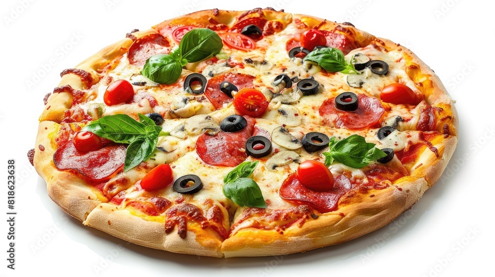 Round pizza with delicious toppings and seasonings. On isolated white background. Generative AI Round pizza with delicious toppings and seasonings. On isolated white background. Generative AI