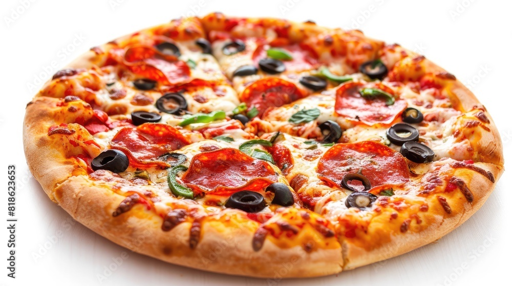 Round pizza with delicious toppings and seasonings. On isolated white background. Generative AI Round pizza with delicious toppings and seasonings. On isolated white background. Generative AI