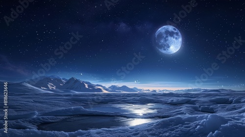 The full moon rises over the icy landscape.