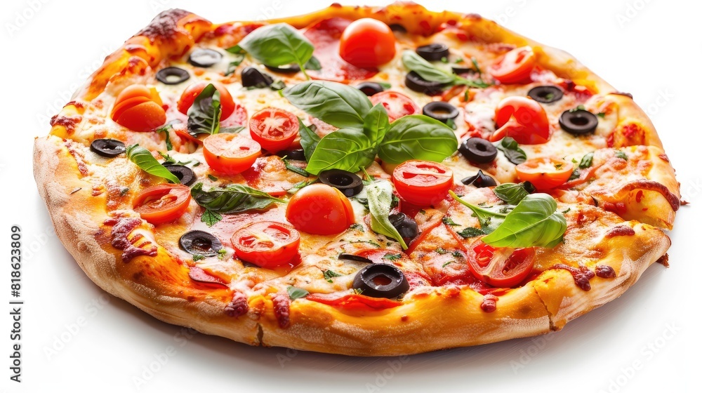 Round pizza with delicious toppings and seasonings. On isolated white background. Generative AI Round pizza with delicious toppings and seasonings. On isolated white background. Generative AI