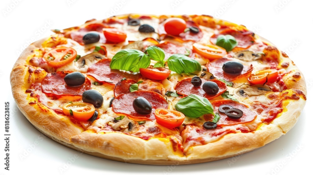 Round pizza with delicious toppings and seasonings. On isolated white background. Generative AI Round pizza with delicious toppings and seasonings. On isolated white background. Generative AI